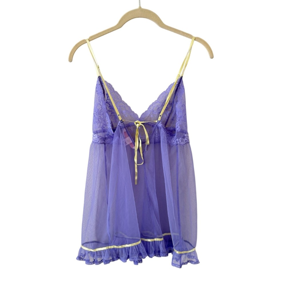Victorias Secret Y2K Babydoll Nightgown XS Purple Lace Bow Ruffle Sheer Lingerie